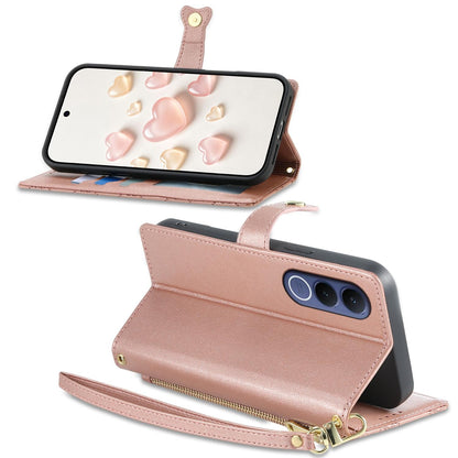 For vivo V70 FE 5G Zipper Wallet Heart Buckle Vegan Leather Phone Case with Wrist Strap(Pink)