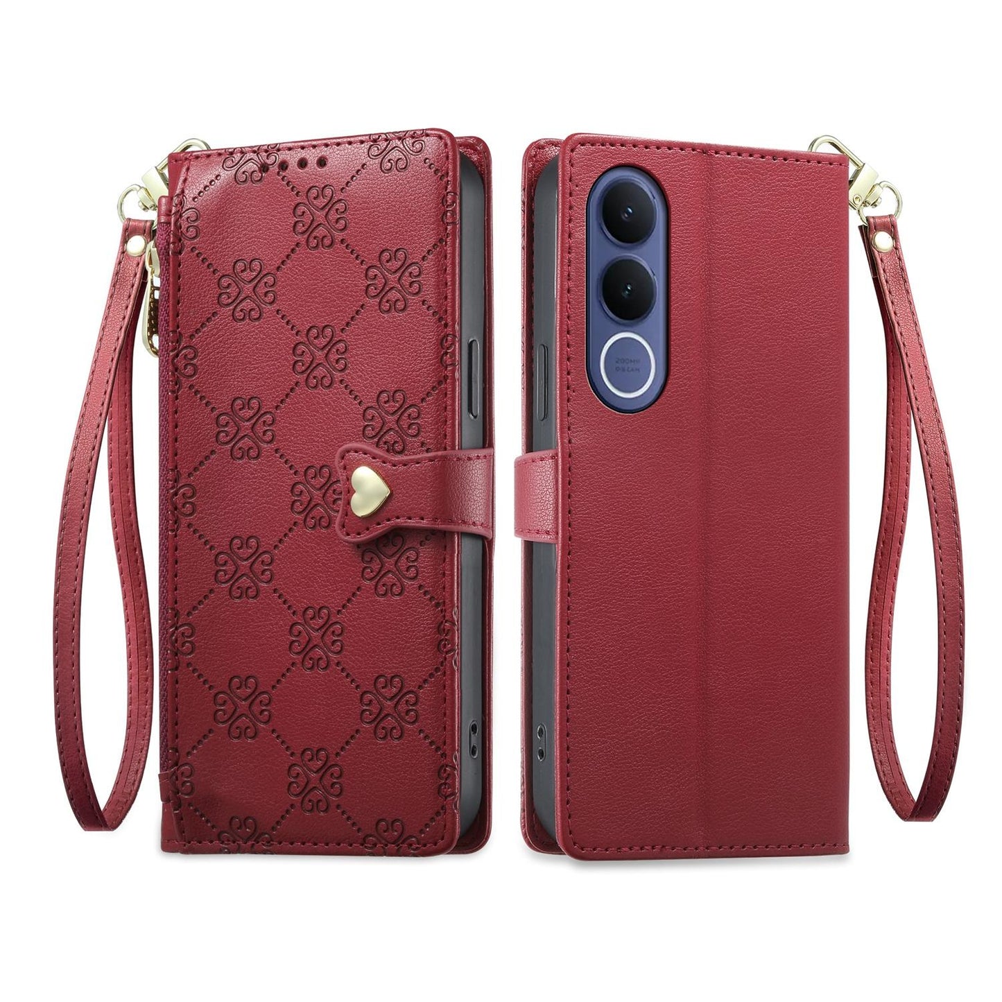 For vivo V70 FE 5G Zipper Wallet Heart Buckle Vegan Leather Phone Case with Wrist Strap(Red)