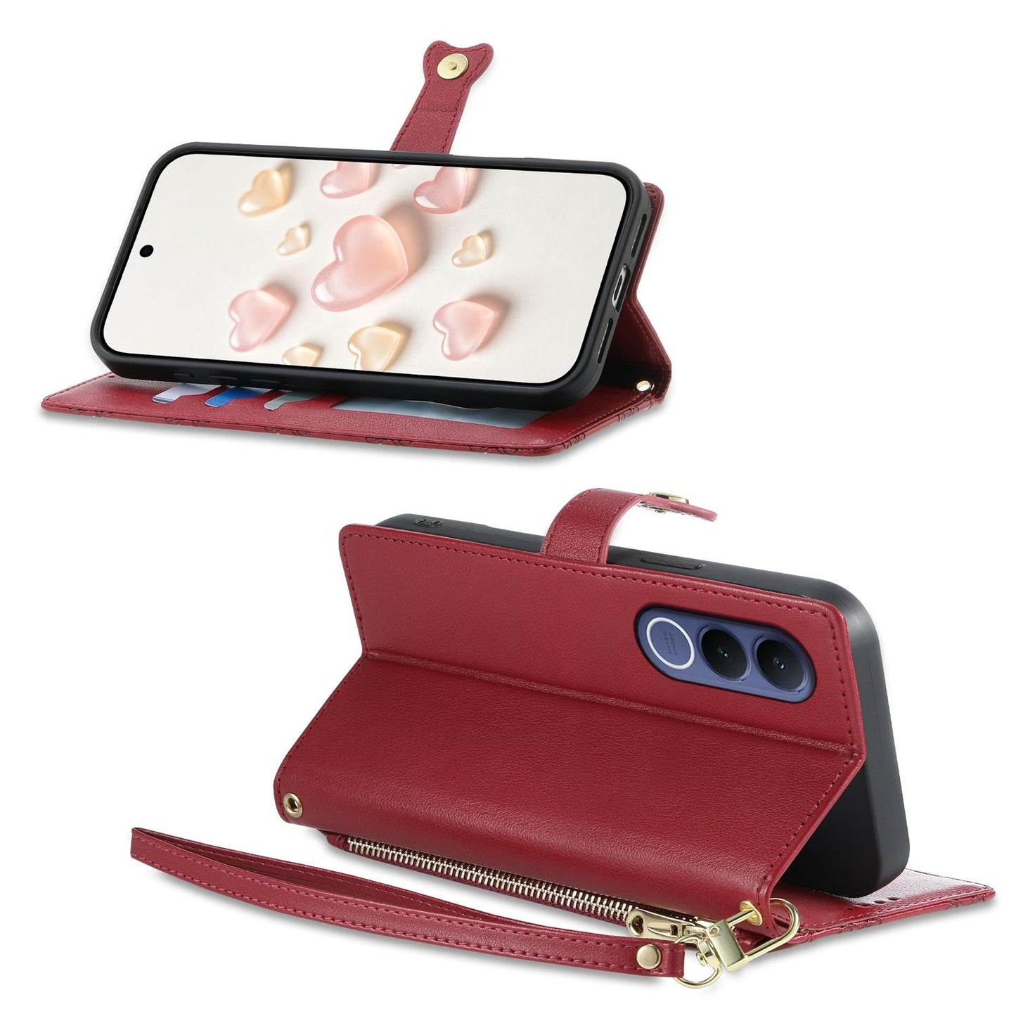 For vivo V70 FE 5G Zipper Wallet Heart Buckle Vegan Leather Phone Case with Wrist Strap(Red)