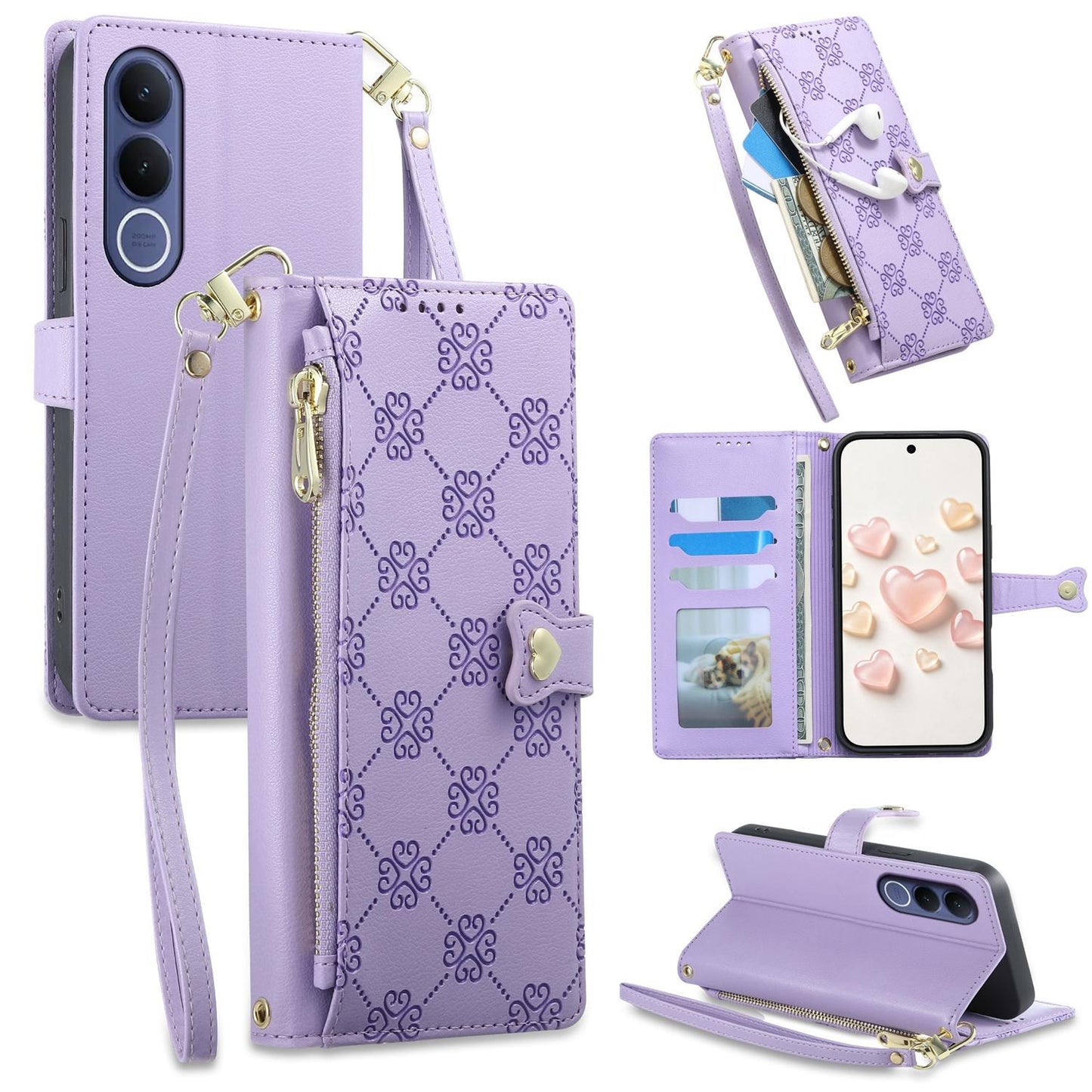 For vivo V70 FE 5G Zipper Wallet Heart Buckle Vegan Leather Phone Case with Wrist Strap(Purple)