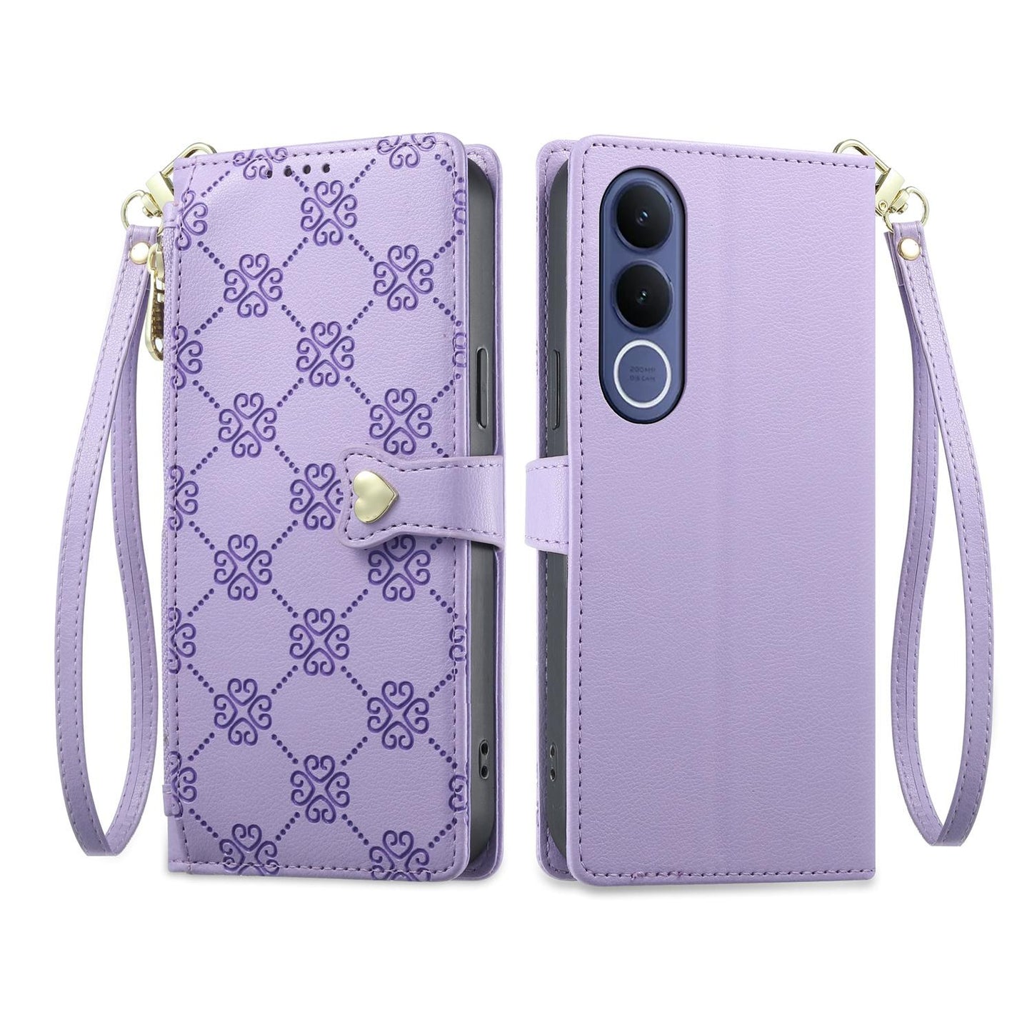 For vivo V70 FE 5G Zipper Wallet Heart Buckle Vegan Leather Phone Case with Wrist Strap(Purple)