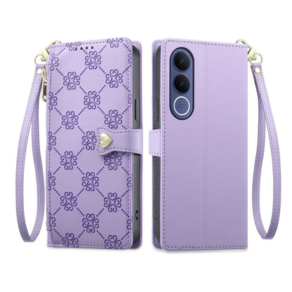 For vivo V70 FE 5G Zipper Wallet Heart Buckle Vegan Leather Phone Case with Wrist Strap(Purple)