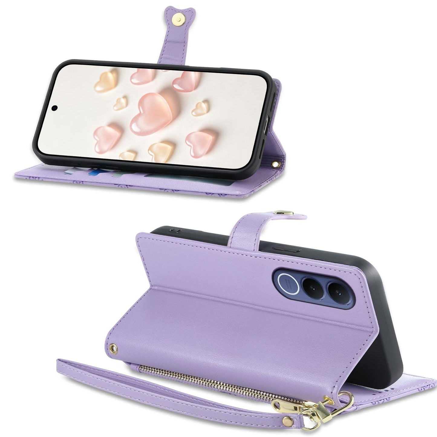 For vivo V70 FE 5G Zipper Wallet Heart Buckle Vegan Leather Phone Case with Wrist Strap(Purple)