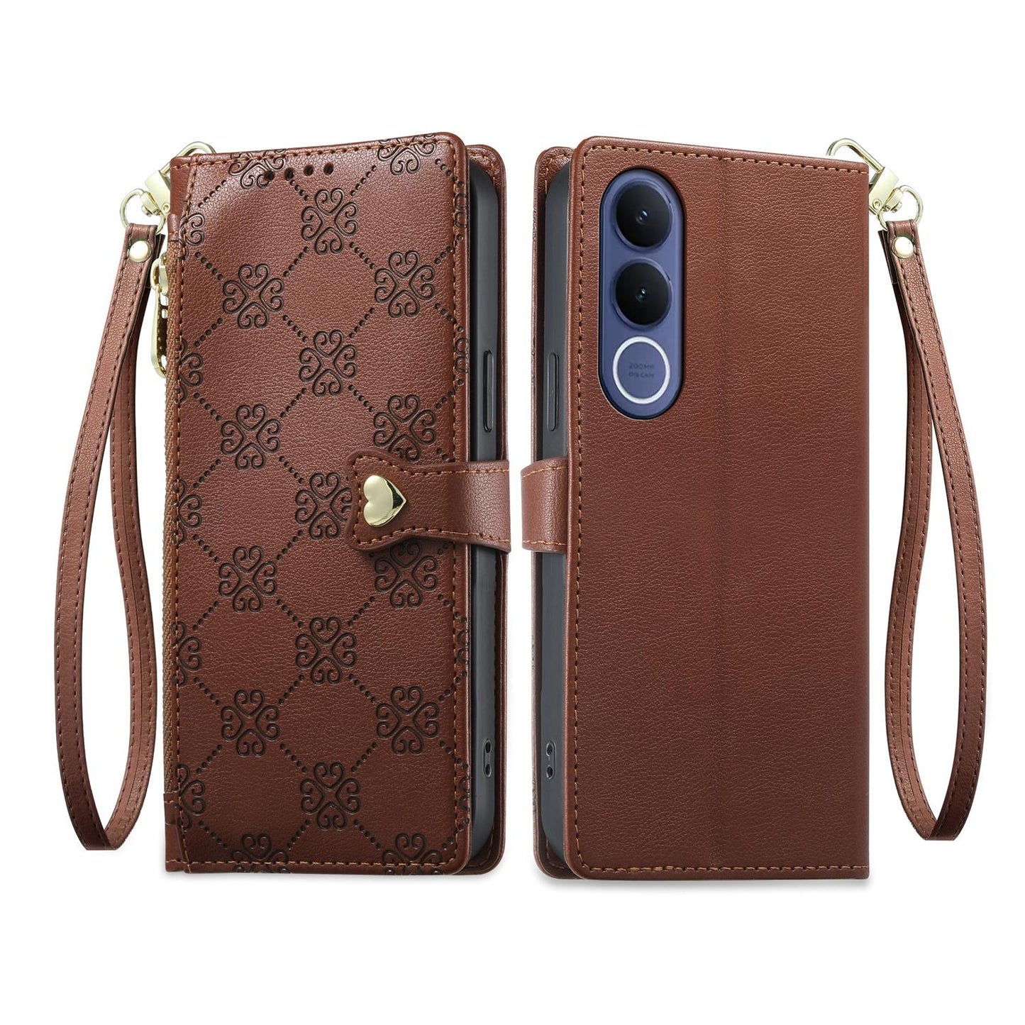 For vivo V70 FE 5G Zipper Wallet Heart Buckle Vegan Leather Phone Case with Wrist Strap(Brown)