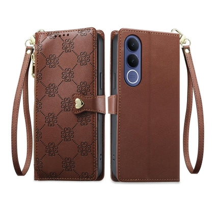 For vivo V70 FE 5G Zipper Wallet Heart Buckle Vegan Leather Phone Case with Wrist Strap(Brown)