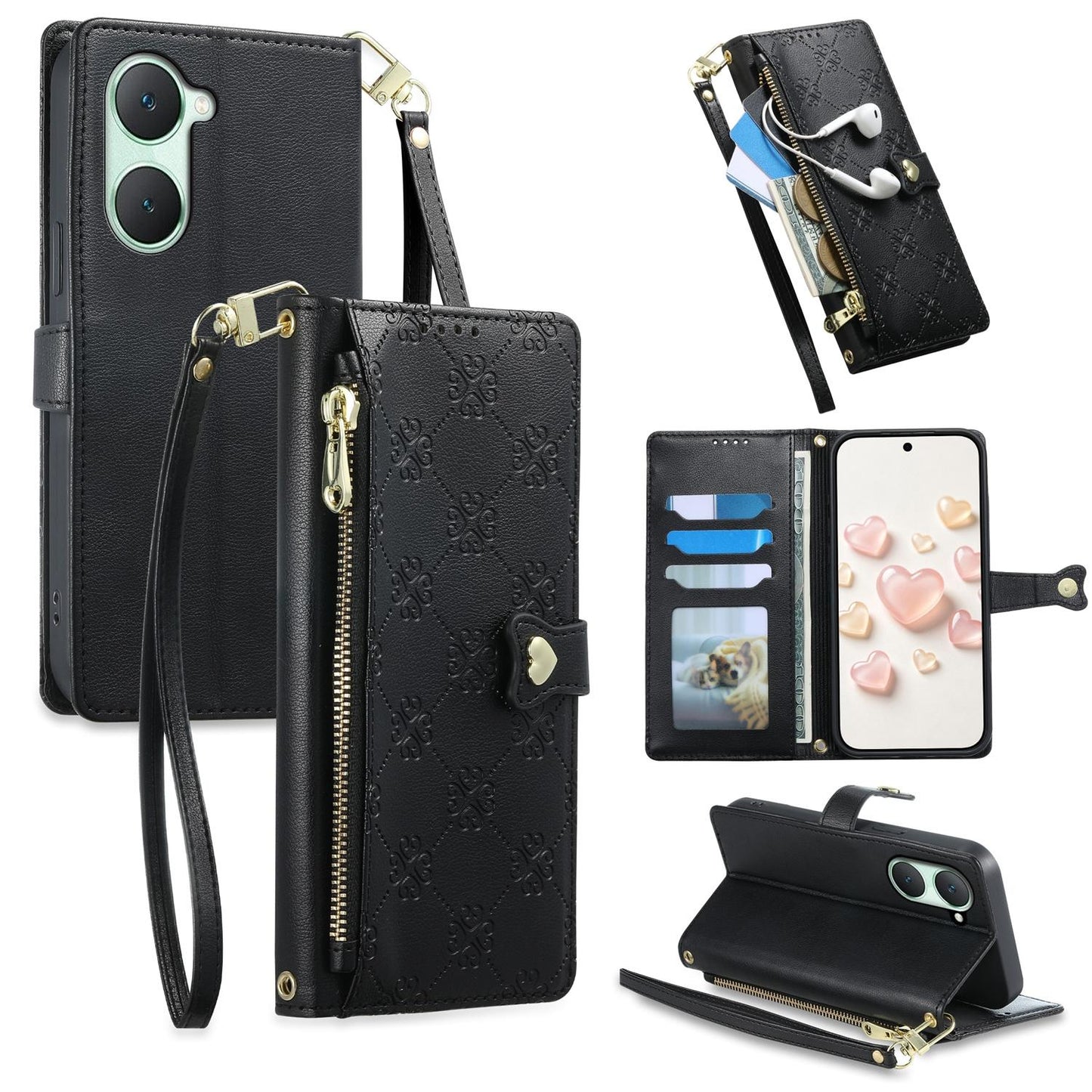 For vivo Y03 / Y18 / Y28s / T3 Lite Zipper Wallet Heart Buckle Vegan Leather Phone Case with Wrist Strap(Black)