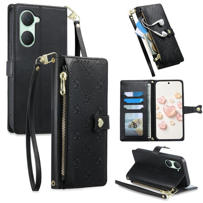 For vivo Y03 / Y18 / Y28s / T3 Lite Zipper Wallet Heart Buckle Vegan Leather Phone Case with Wrist Strap(Black)