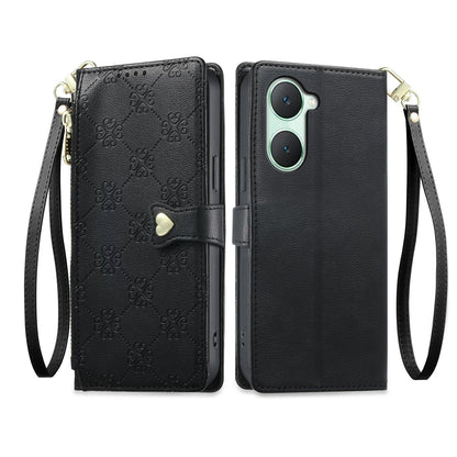For vivo Y03 / Y18 / Y28s / T3 Lite Zipper Wallet Heart Buckle Vegan Leather Phone Case with Wrist Strap(Black)