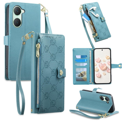 For vivo Y03 / Y18 / Y28s / T3 Lite Zipper Wallet Heart Buckle Vegan Leather Phone Case with Wrist Strap(Lake Blue)
