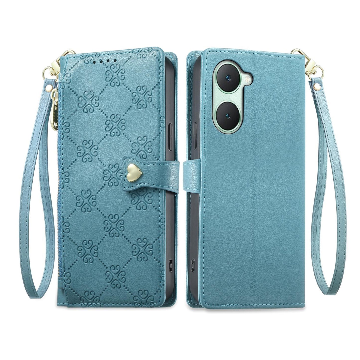 For vivo Y03 / Y18 / Y28s / T3 Lite Zipper Wallet Heart Buckle Vegan Leather Phone Case with Wrist Strap(Lake Blue)
