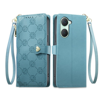 For vivo Y03 / Y18 / Y28s / T3 Lite Zipper Wallet Heart Buckle Vegan Leather Phone Case with Wrist Strap(Lake Blue)