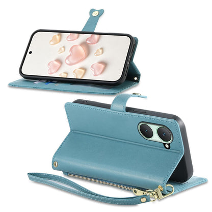For vivo Y03 / Y18 / Y28s / T3 Lite Zipper Wallet Heart Buckle Vegan Leather Phone Case with Wrist Strap(Lake Blue)