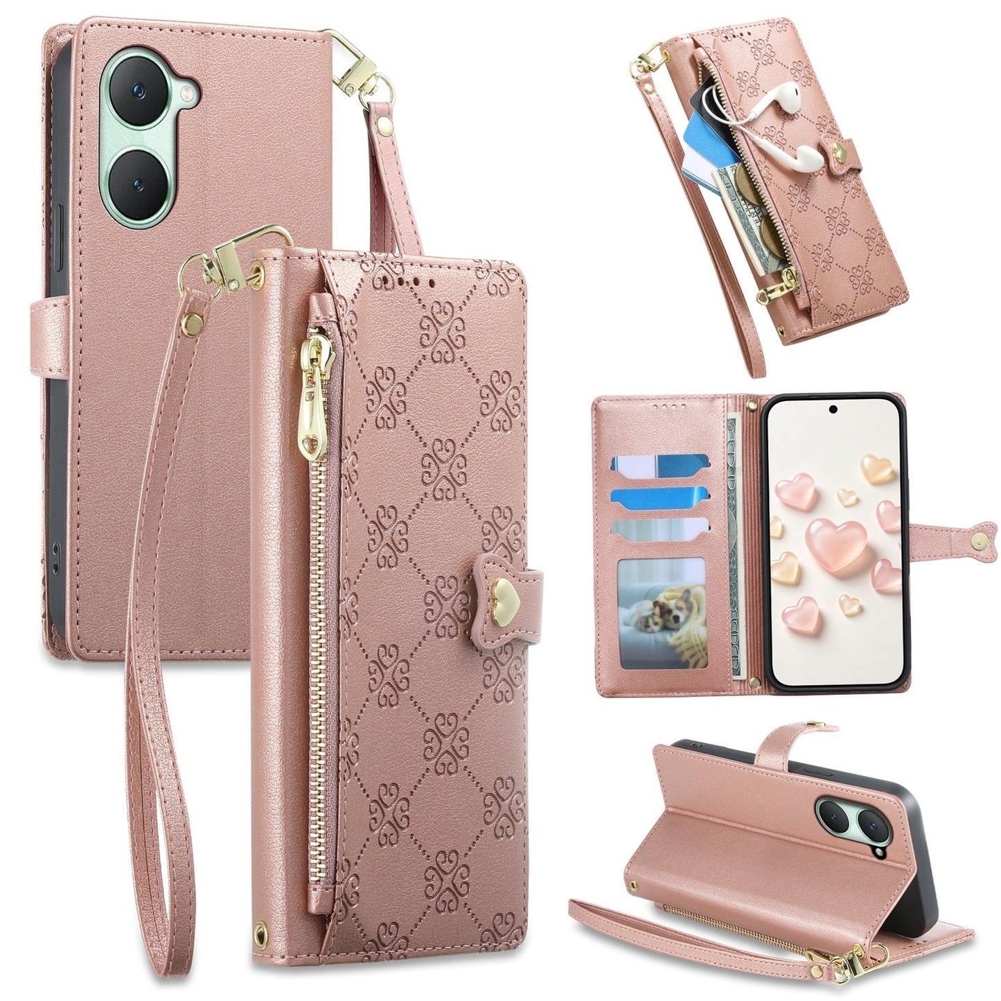 For vivo Y03 / Y18 / Y28s / T3 Lite Zipper Wallet Heart Buckle Vegan Leather Phone Case with Wrist Strap(Pink)