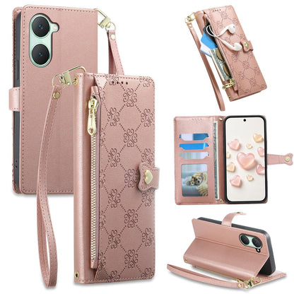 For vivo Y03 / Y18 / Y28s / T3 Lite Zipper Wallet Heart Buckle Vegan Leather Phone Case with Wrist Strap(Pink)