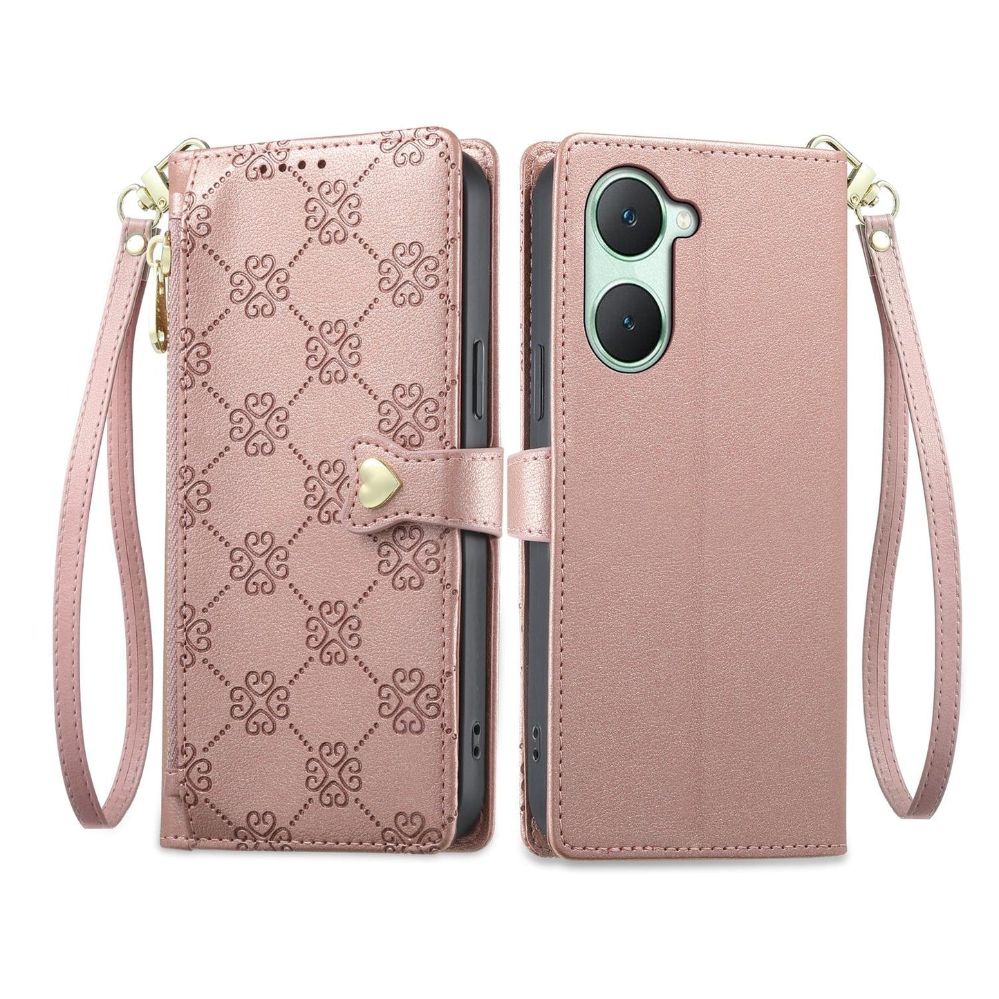 For vivo Y03 / Y18 / Y28s / T3 Lite Zipper Wallet Heart Buckle Vegan Leather Phone Case with Wrist Strap(Pink)