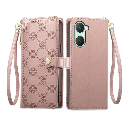 For vivo Y03 / Y18 / Y28s / T3 Lite Zipper Wallet Heart Buckle Vegan Leather Phone Case with Wrist Strap(Pink)