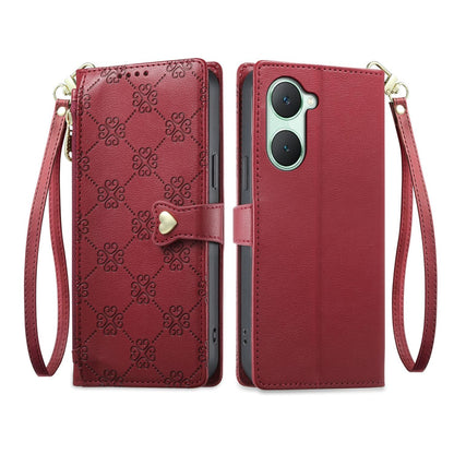 For vivo Y03 / Y18 / Y28s / T3 Lite Zipper Wallet Heart Buckle Vegan Leather Phone Case with Wrist Strap(Red)