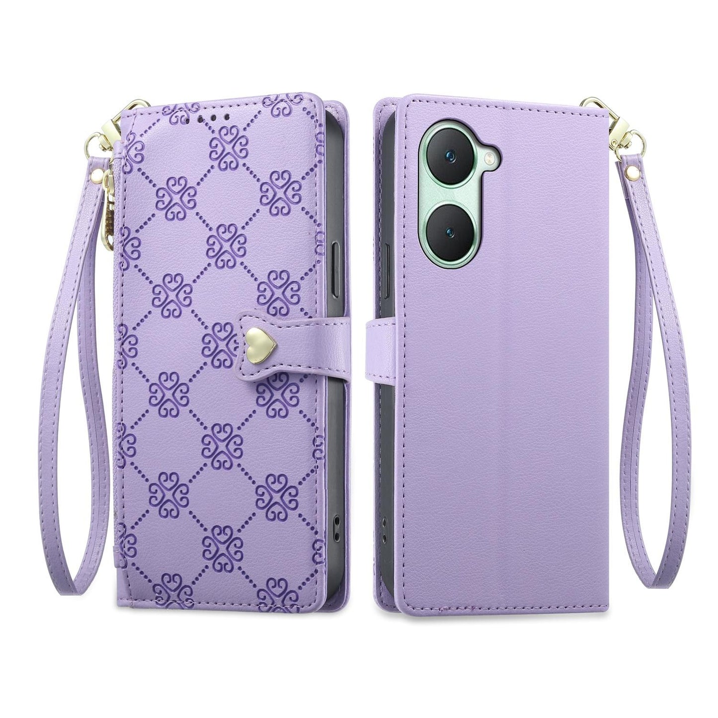 For vivo Y03 / Y18 / Y28s / T3 Lite Zipper Wallet Heart Buckle Vegan Leather Phone Case with Wrist Strap(Purple)