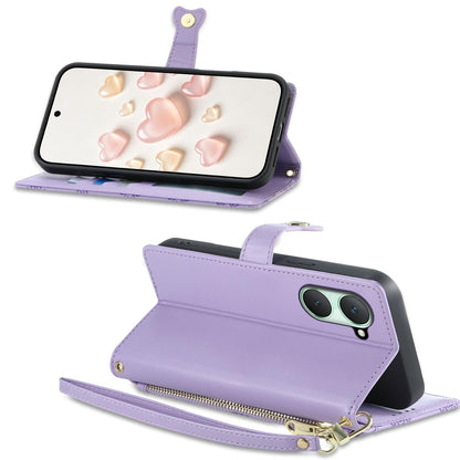 For vivo Y03 / Y18 / Y28s / T3 Lite Zipper Wallet Heart Buckle Vegan Leather Phone Case with Wrist Strap(Purple)