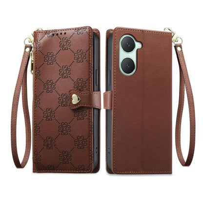 For vivo Y03 / Y18 / Y28s / T3 Lite Zipper Wallet Heart Buckle Vegan Leather Phone Case with Wrist Strap(Brown)