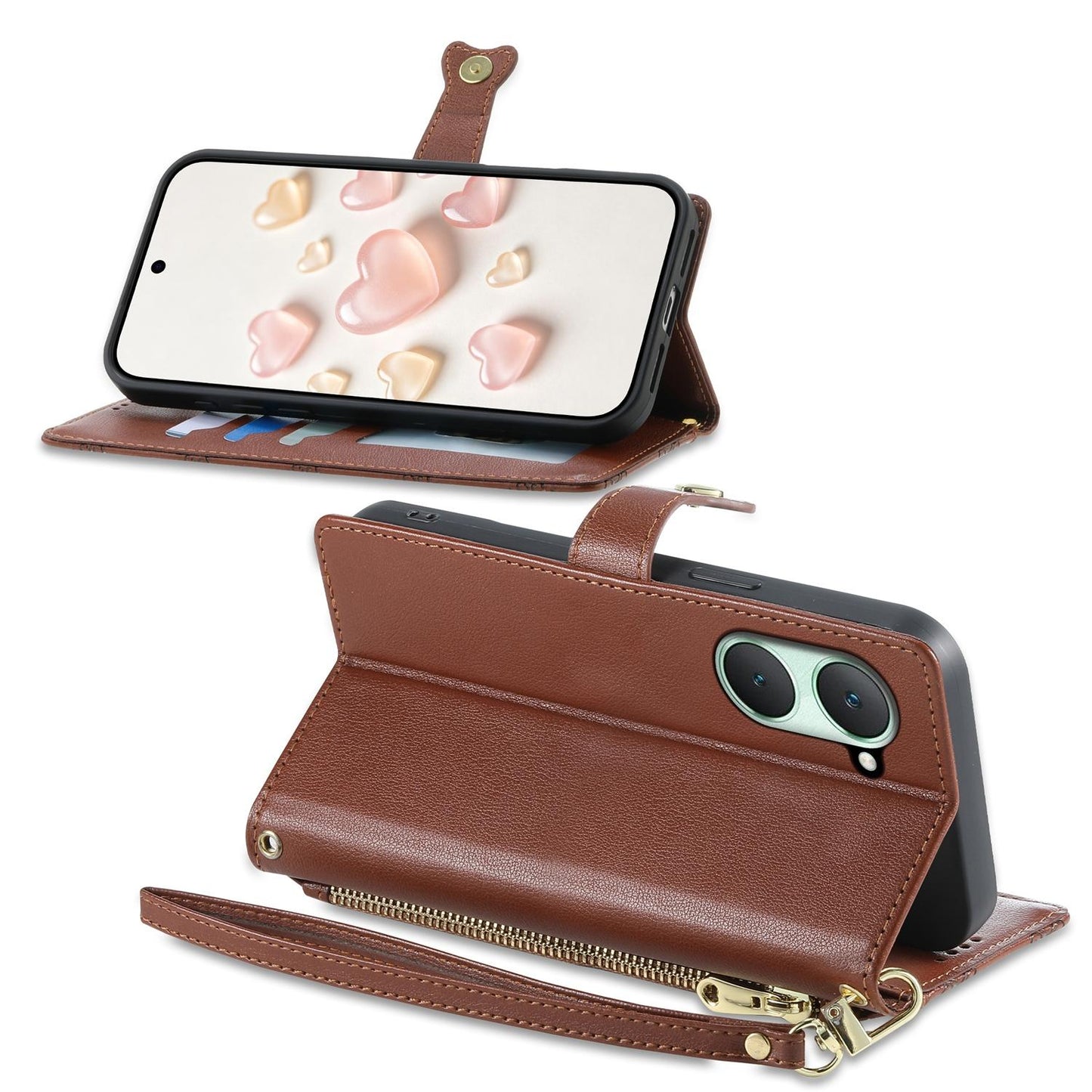 For vivo Y03 / Y18 / Y28s / T3 Lite Zipper Wallet Heart Buckle Vegan Leather Phone Case with Wrist Strap(Brown)