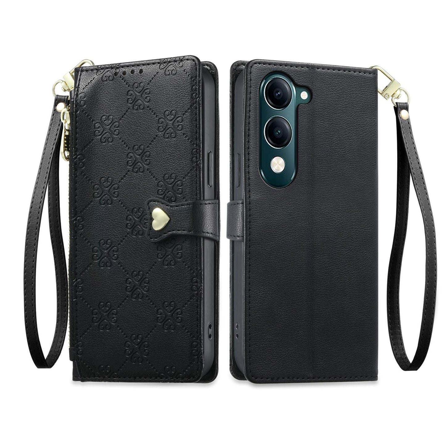 For vivo Y04 4G / vivo Y29s 5G Zipper Wallet Heart Buckle Vegan Leather Phone Case with Wrist Strap(Black)