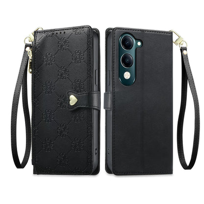 For vivo Y04 4G / vivo Y29s 5G Zipper Wallet Heart Buckle Vegan Leather Phone Case with Wrist Strap(Black)