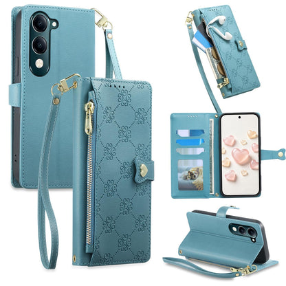 For vivo Y04 4G / vivo Y29s 5G Zipper Wallet Heart Buckle Vegan Leather Phone Case with Wrist Strap(Lake Blue)