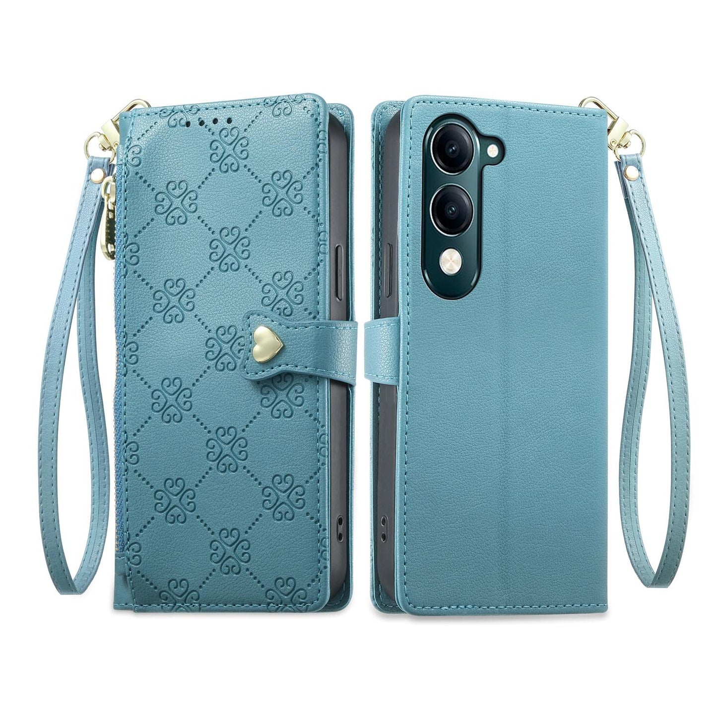 For vivo Y04 4G / vivo Y29s 5G Zipper Wallet Heart Buckle Vegan Leather Phone Case with Wrist Strap(Lake Blue)