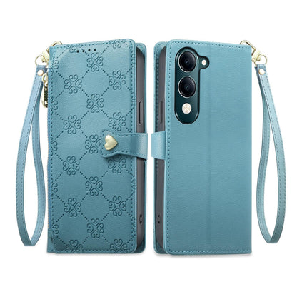 For vivo Y04 4G / vivo Y29s 5G Zipper Wallet Heart Buckle Vegan Leather Phone Case with Wrist Strap(Lake Blue)