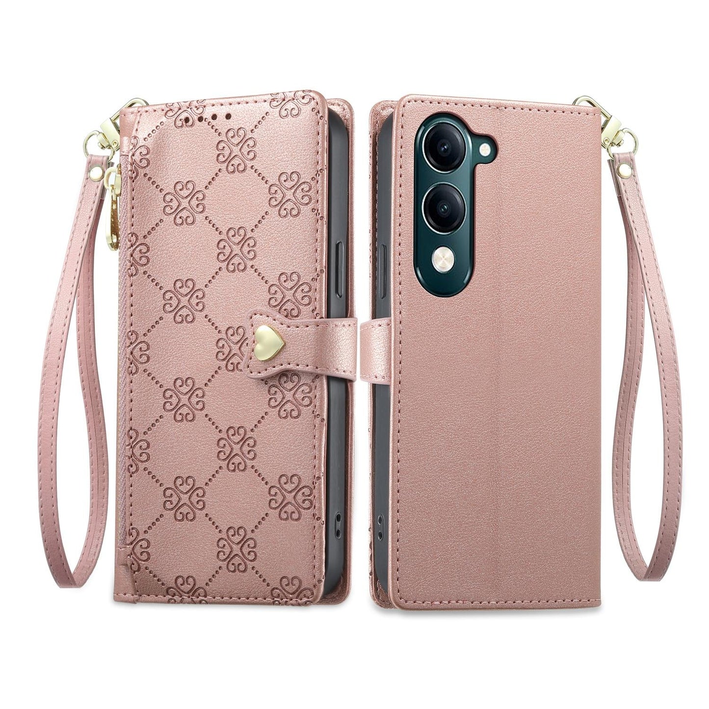 For vivo Y04 4G / vivo Y29s 5G Zipper Wallet Heart Buckle Vegan Leather Phone Case with Wrist Strap(Pink)