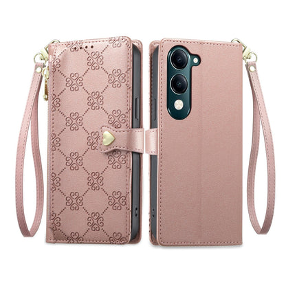 For vivo Y04 4G / vivo Y29s 5G Zipper Wallet Heart Buckle Vegan Leather Phone Case with Wrist Strap(Pink)