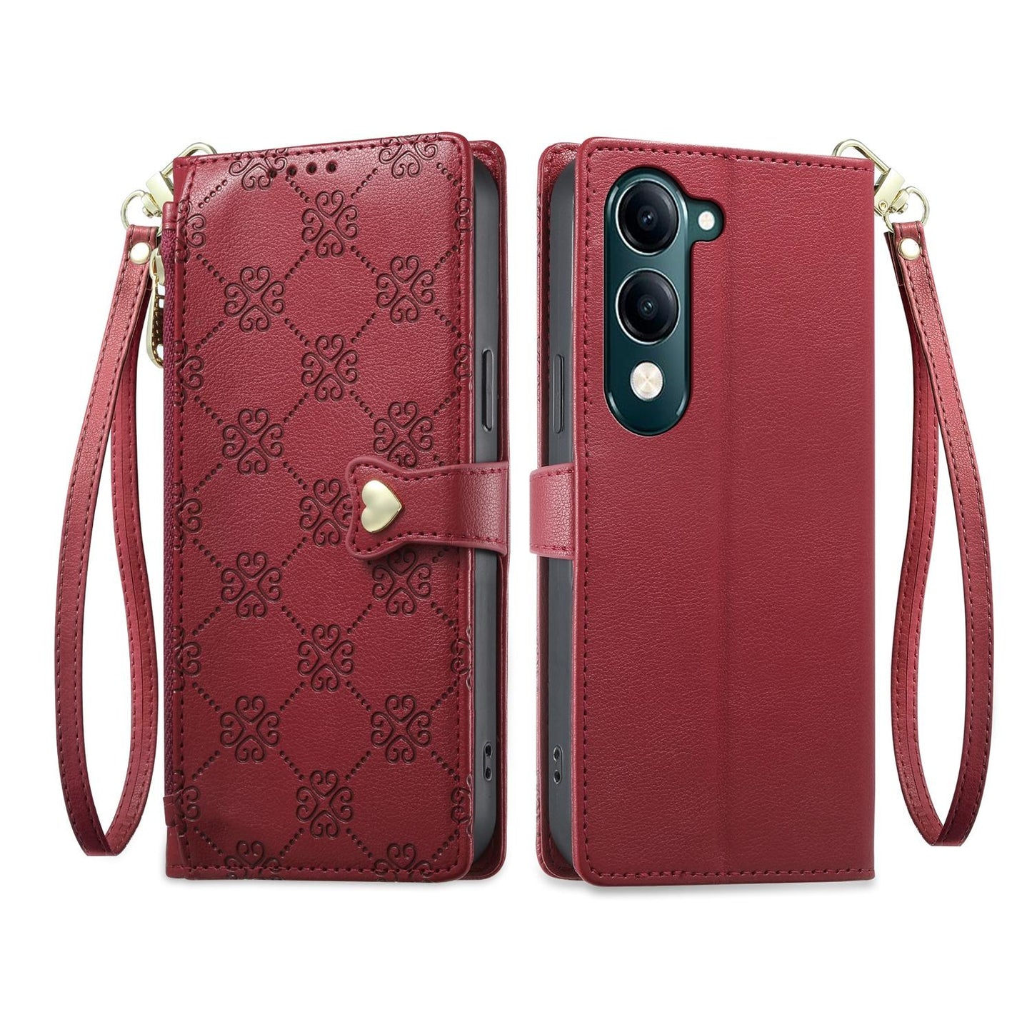 For vivo Y04 4G / vivo Y29s 5G Zipper Wallet Heart Buckle Vegan Leather Phone Case with Wrist Strap(Red)