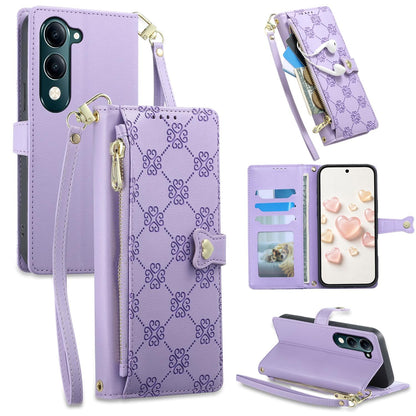 For vivo Y04 4G / vivo Y29s 5G Zipper Wallet Heart Buckle Vegan Leather Phone Case with Wrist Strap(Purple)