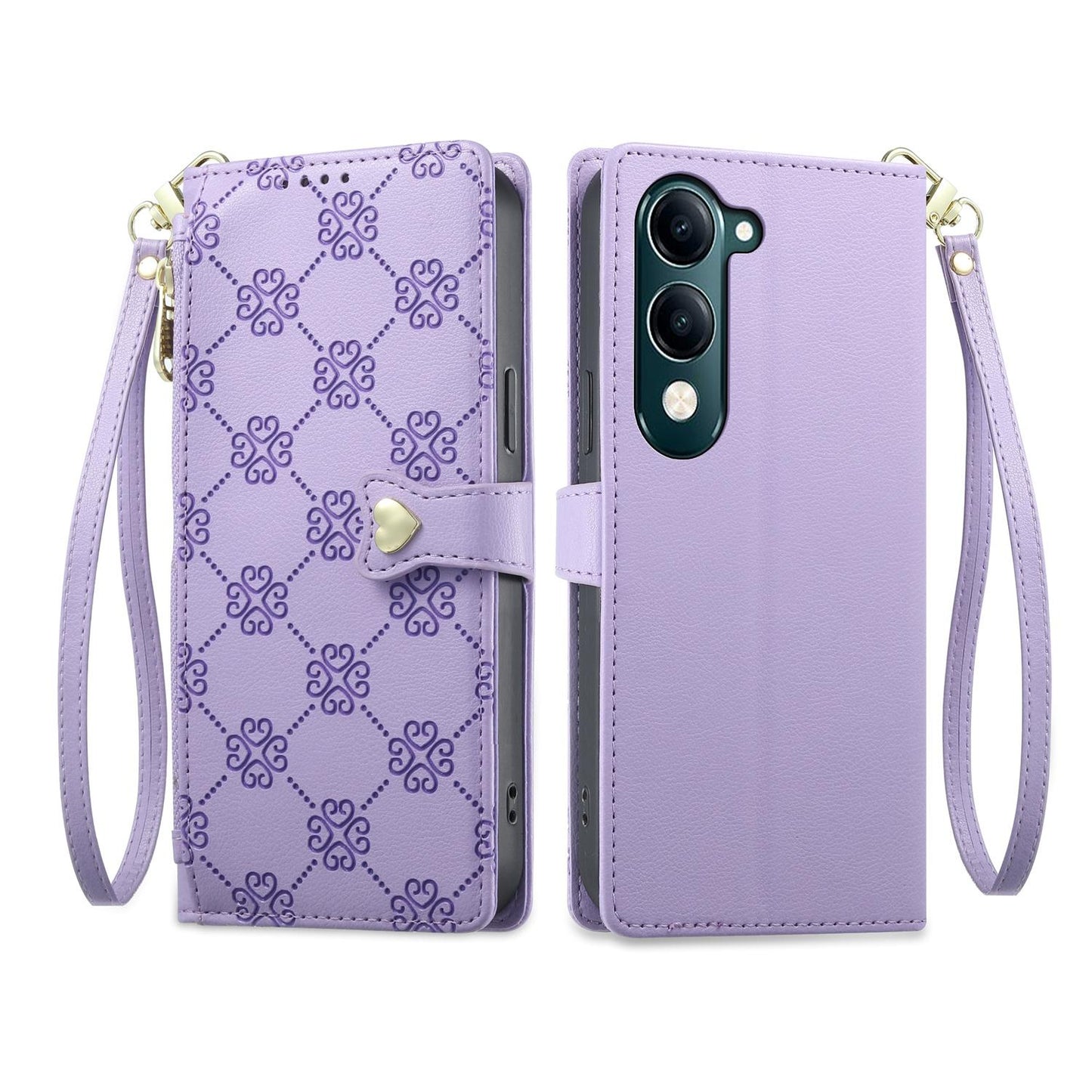 For vivo Y04 4G / vivo Y29s 5G Zipper Wallet Heart Buckle Vegan Leather Phone Case with Wrist Strap(Purple)