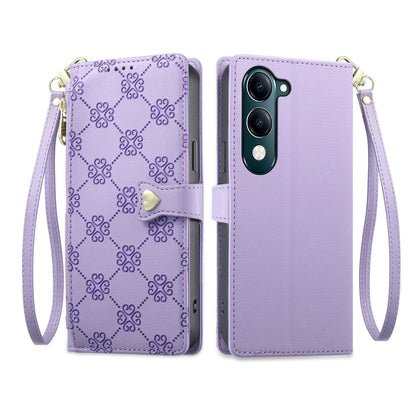 For vivo Y04 4G / vivo Y29s 5G Zipper Wallet Heart Buckle Vegan Leather Phone Case with Wrist Strap(Purple)