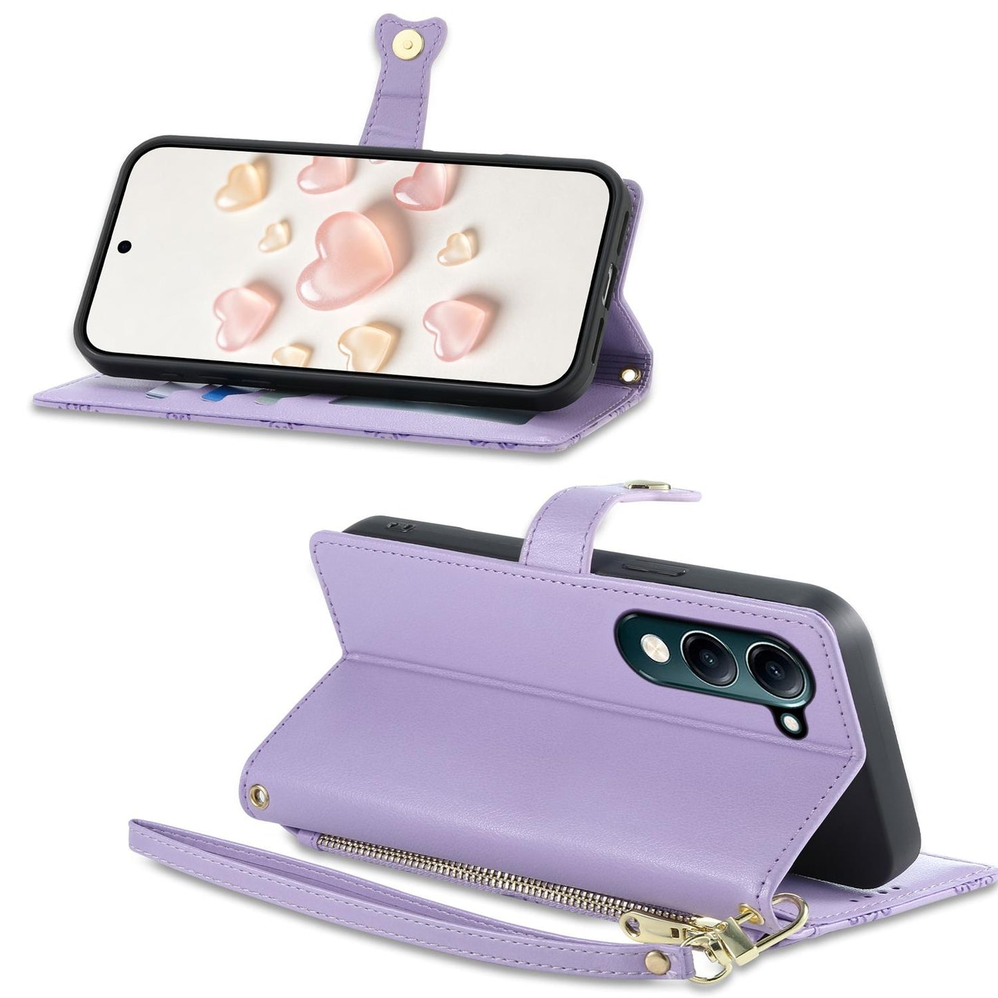 For vivo Y04 4G / vivo Y29s 5G Zipper Wallet Heart Buckle Vegan Leather Phone Case with Wrist Strap(Purple)