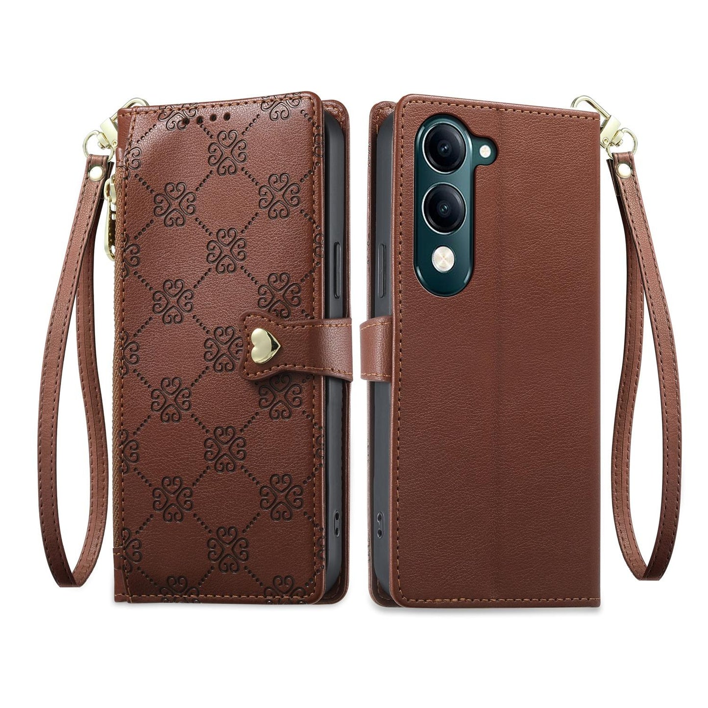 For vivo Y04 4G / vivo Y29s 5G Zipper Wallet Heart Buckle Vegan Leather Phone Case with Wrist Strap(Brown)