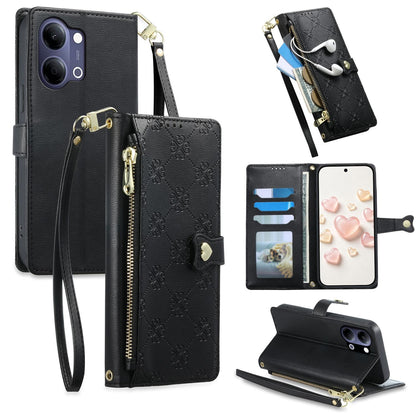 For vivo Y05 4G / vivo Y21 5G 2026 Zipper Wallet Heart Buckle Vegan Leather Phone Case with Wrist Strap(Black)