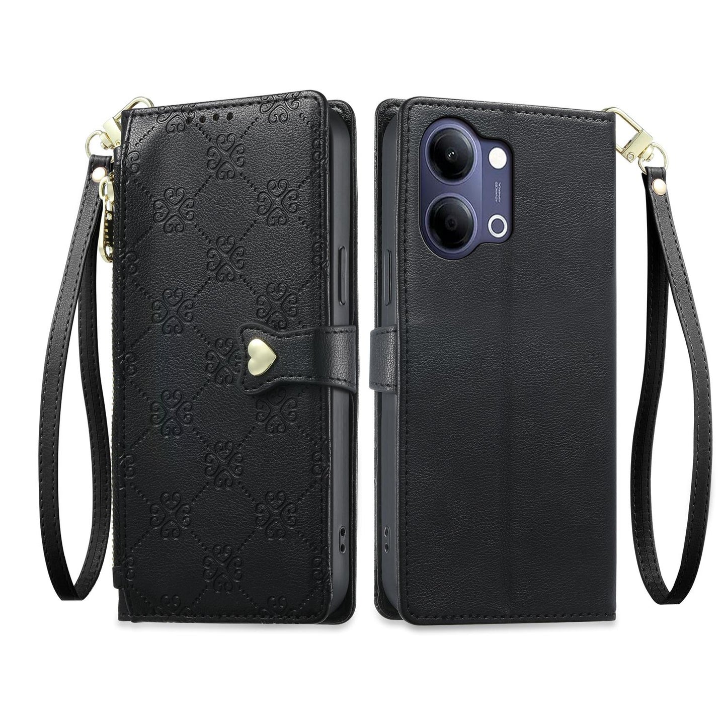 For vivo Y05 4G / vivo Y21 5G 2026 Zipper Wallet Heart Buckle Vegan Leather Phone Case with Wrist Strap(Black)