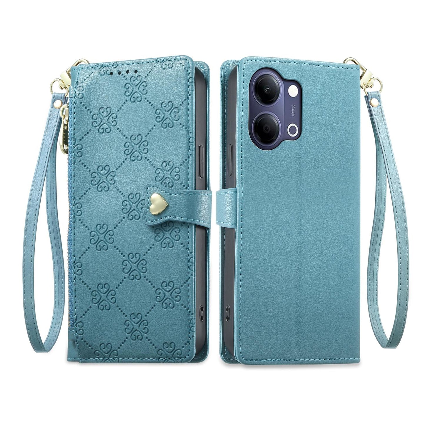 For vivo Y05 4G / vivo Y21 5G 2026 Zipper Wallet Heart Buckle Vegan Leather Phone Case with Wrist Strap(Lake Blue)