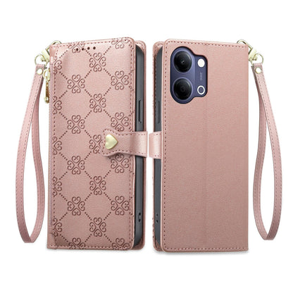 For vivo Y05 4G / vivo Y21 5G 2026 Zipper Wallet Heart Buckle Vegan Leather Phone Case with Wrist Strap(Pink)