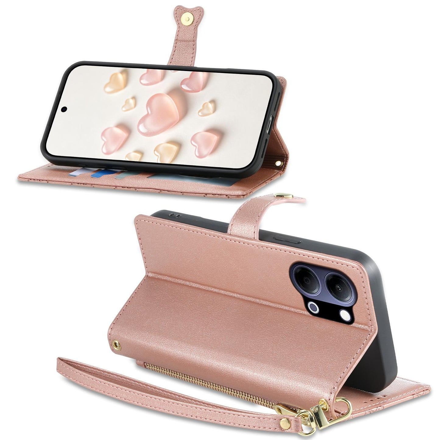 For vivo Y05 4G / vivo Y21 5G 2026 Zipper Wallet Heart Buckle Vegan Leather Phone Case with Wrist Strap(Pink)