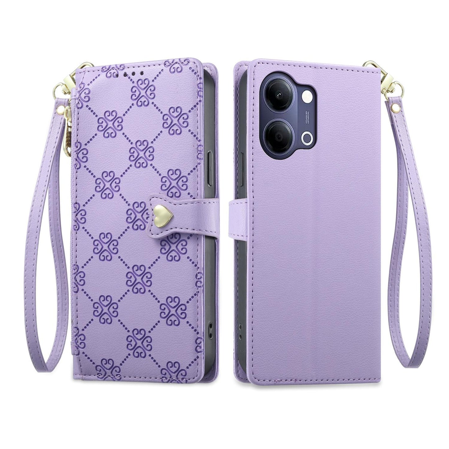 For vivo Y05 4G / vivo Y21 5G 2026 Zipper Wallet Heart Buckle Vegan Leather Phone Case with Wrist Strap(Purple)