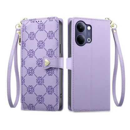 For vivo Y05 4G / vivo Y21 5G 2026 Zipper Wallet Heart Buckle Vegan Leather Phone Case with Wrist Strap(Purple)