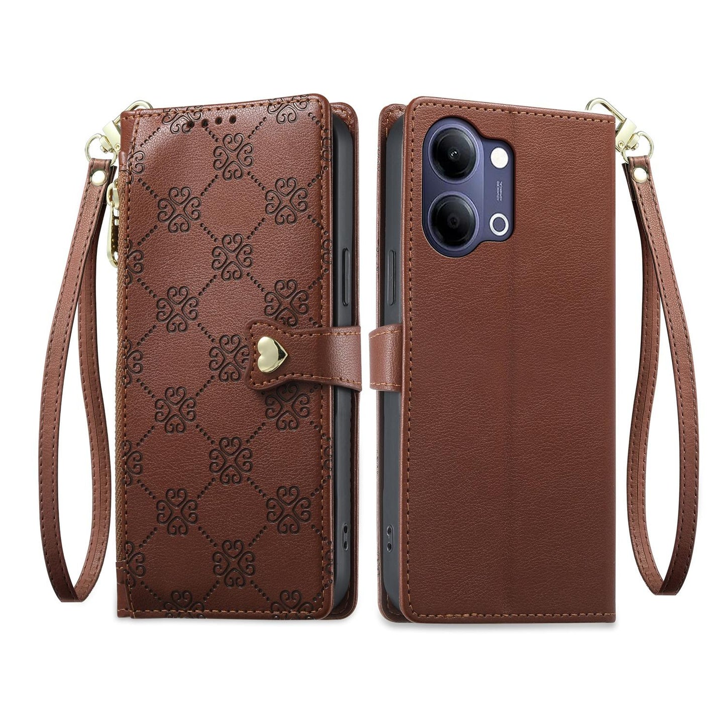 For vivo Y05 4G / vivo Y21 5G 2026 Zipper Wallet Heart Buckle Vegan Leather Phone Case with Wrist Strap(Brown)