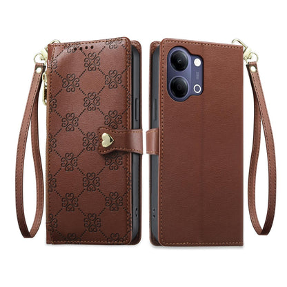 For vivo Y05 4G / vivo Y21 5G 2026 Zipper Wallet Heart Buckle Vegan Leather Phone Case with Wrist Strap(Brown)