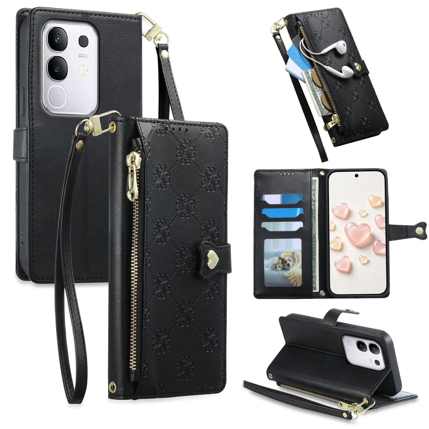 For vivo Y29 4G / Y300t / T4x / iQOO Z10x Zipper Wallet Heart Buckle Vegan Leather Phone Case with Wrist Strap(Black)