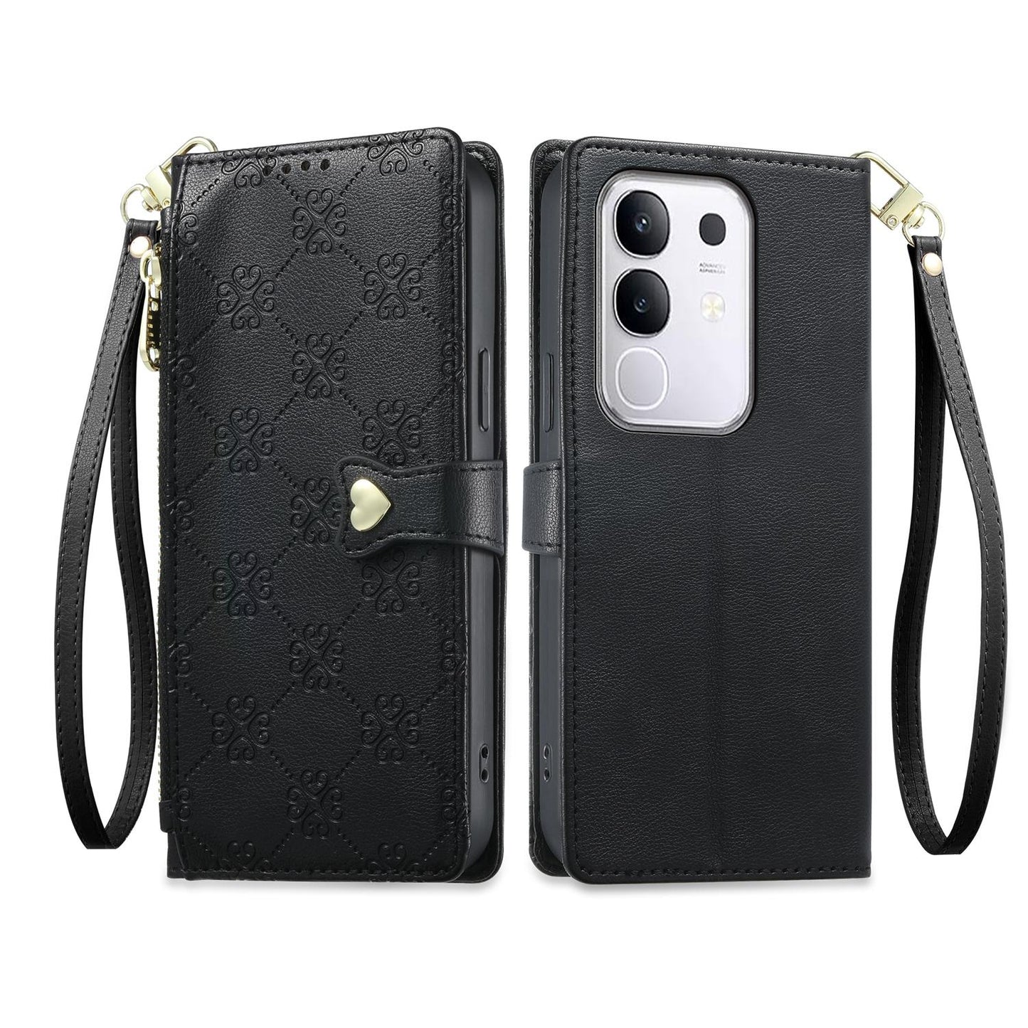 For vivo Y29 4G / Y300t / T4x / iQOO Z10x Zipper Wallet Heart Buckle Vegan Leather Phone Case with Wrist Strap(Black)