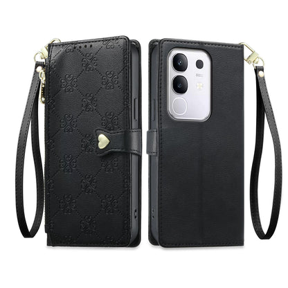 For vivo Y29 4G / Y300t / T4x / iQOO Z10x Zipper Wallet Heart Buckle Vegan Leather Phone Case with Wrist Strap(Black)